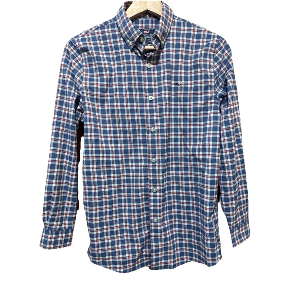 Vineyard Vines Whale Shirt Boys Youth Med (12/14) Pink Blue Plaid EUC